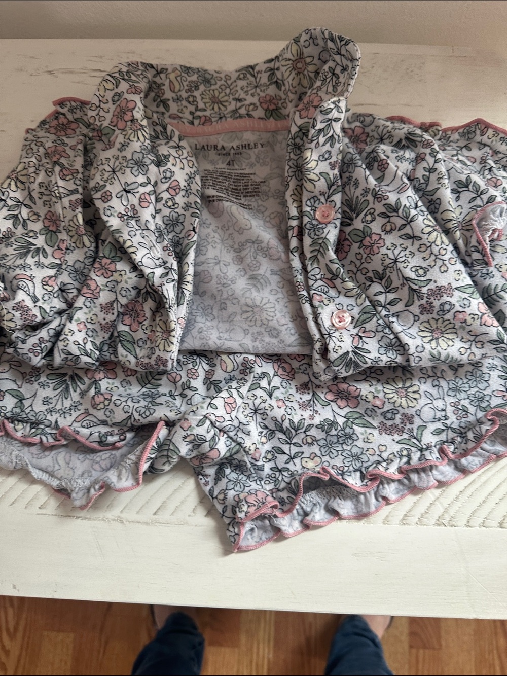Laura Ashley Floral Ruffle Pajama Set in White and Pink